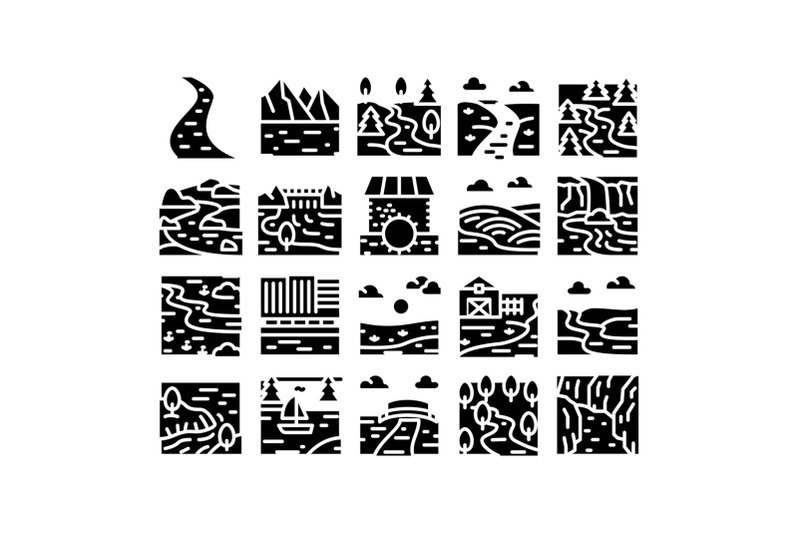 river-landscape-glyph-set-vector