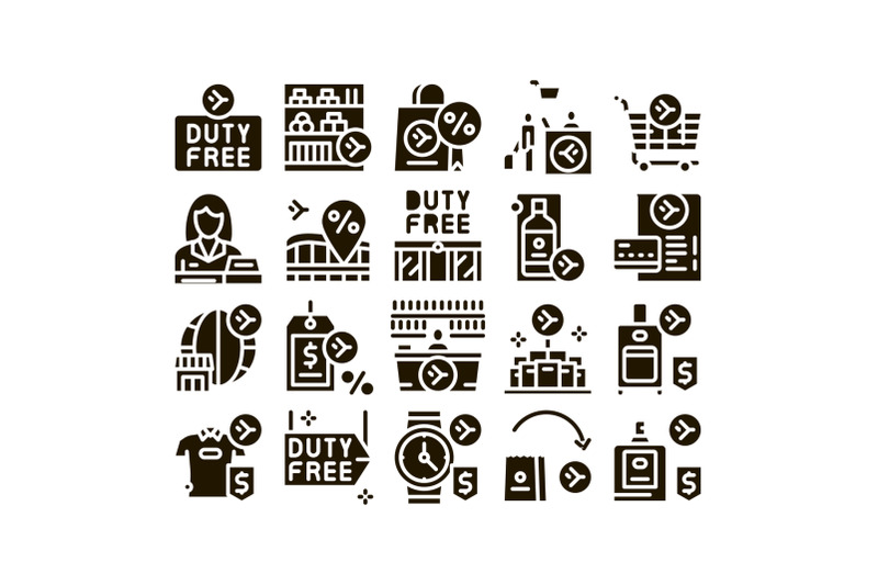 duty-free-shop-store-glyph-set-vector