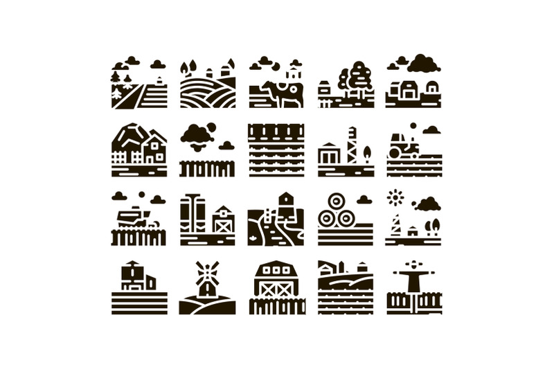 farming-landscape-glyph-set-vector