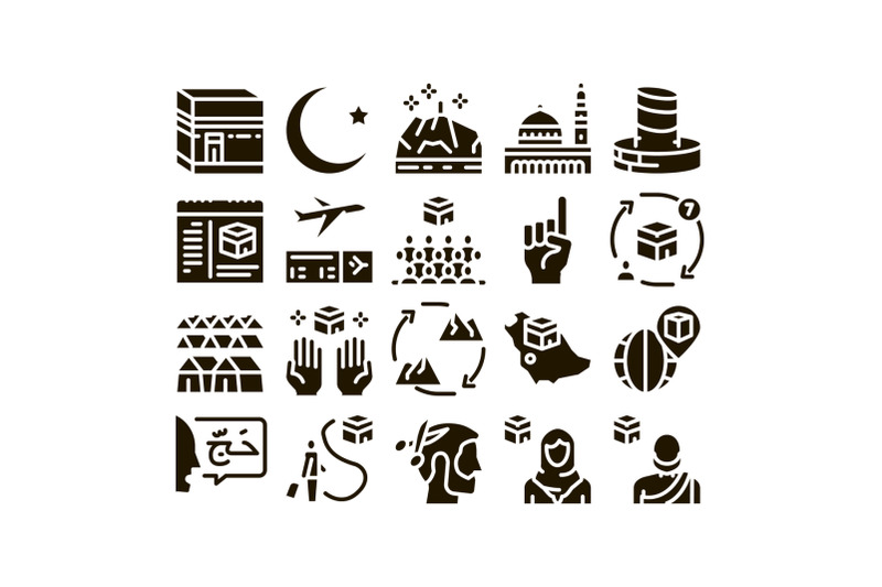 hajj-islamic-religion-glyph-set-vector