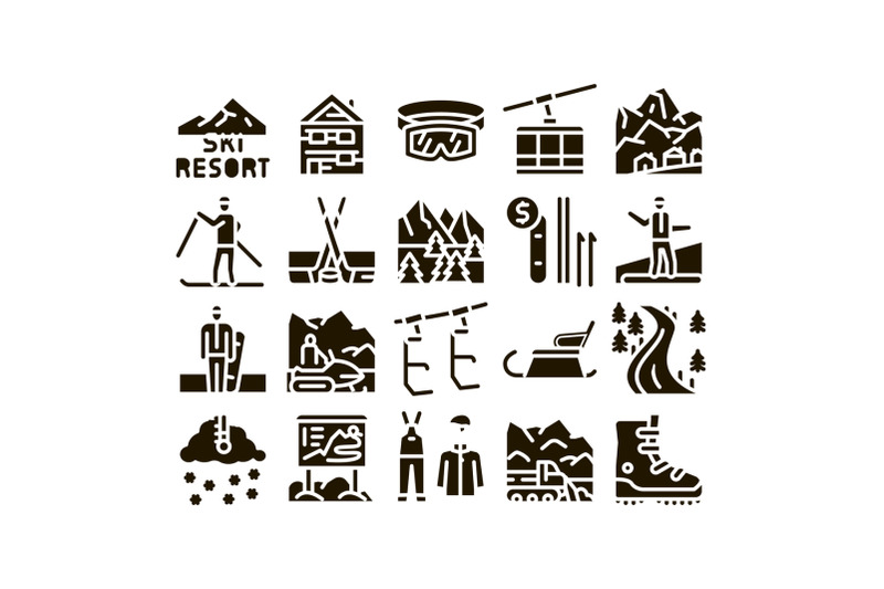 ski-resort-vacation-glyph-set-vector