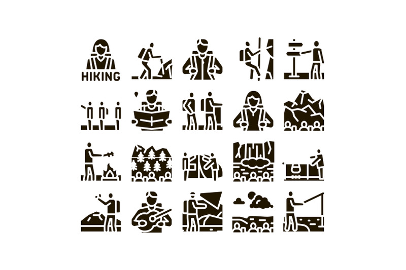 hiking-extreme-tourism-glyph-set-vector