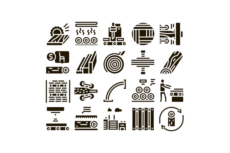 wood-production-plant-glyph-set-vector