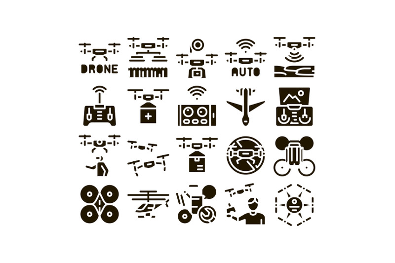 drone-fly-quadrocopter-glyph-set-vector
