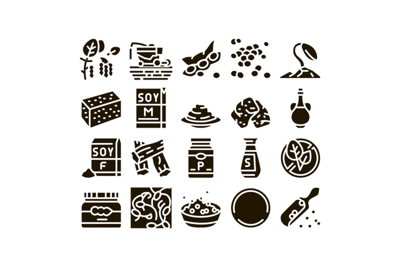 soy-bean-food-product-glyph-set-vector