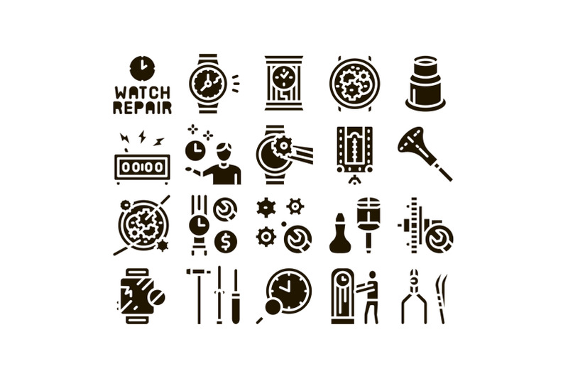 watch-repair-service-glyph-set-vector