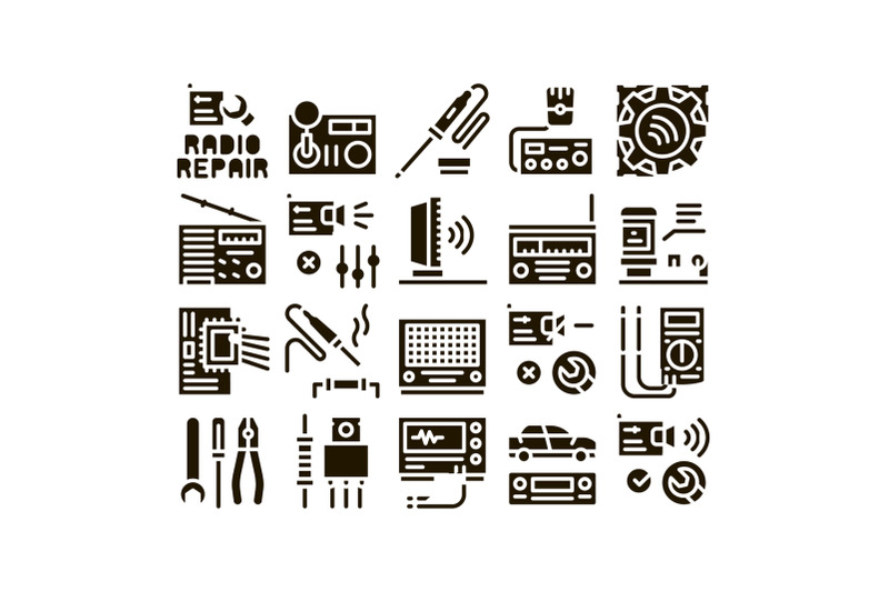 radio-repair-service-glyph-set-vector