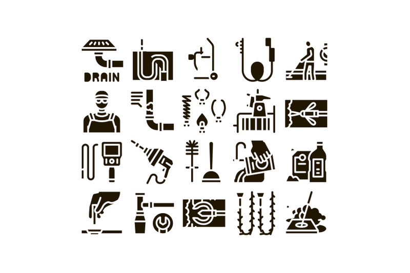 drain-cleaning-service-glyph-set-vector