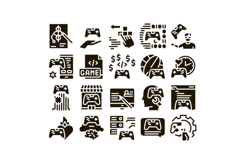 video-game-development-glyph-set-vector