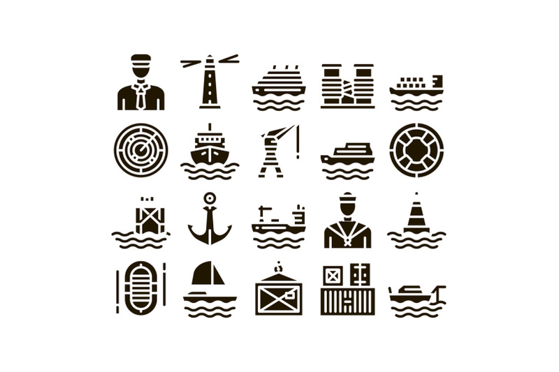 marine-port-transport-glyph-set-vector