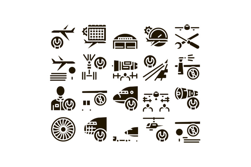 aircraft-repair-tool-glyph-set-vector