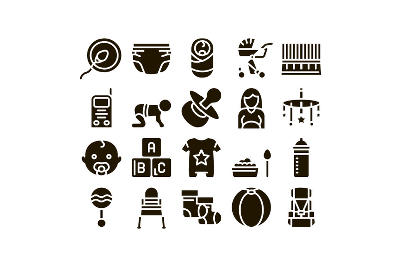 baby-clothes-and-tools-glyph-set-vector