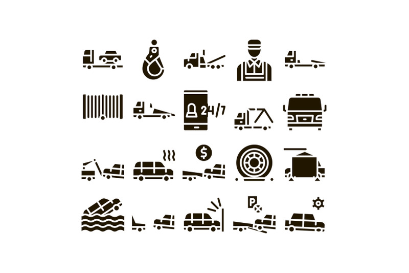 tow-truck-transport-glyph-set-vector