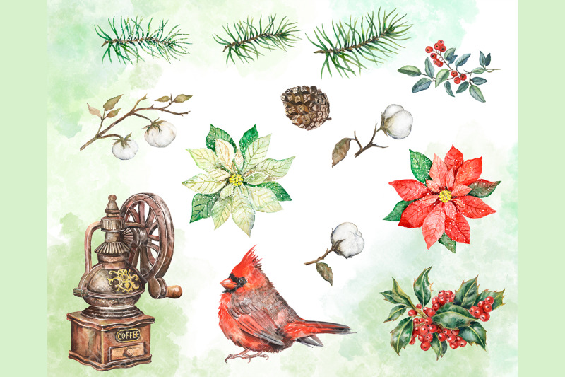 merry-christmas-watercolor-clipart-holly-berries-red-cardinal-bird