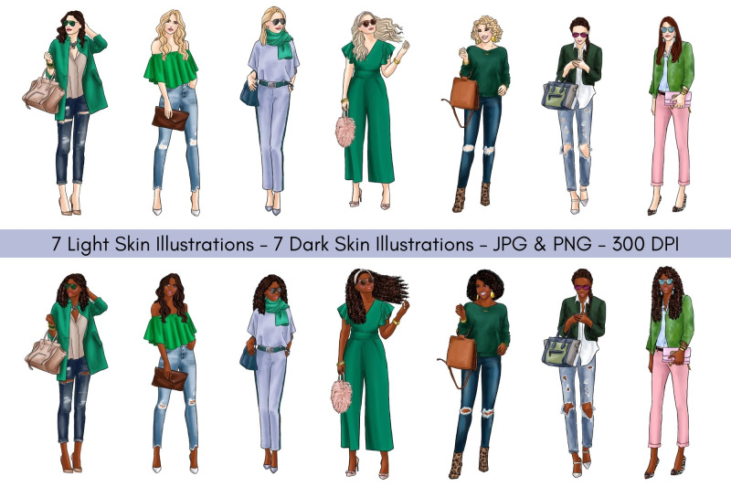 girls-in-green-3-fashion-clipart-set-light-skin-amp-dark-skin