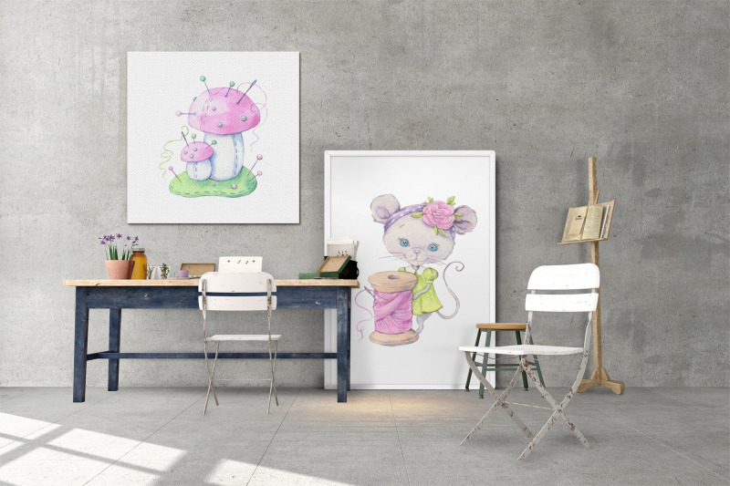 sewing-accessories-and-sewing-mouse-characters-watercolor-clipart-for
