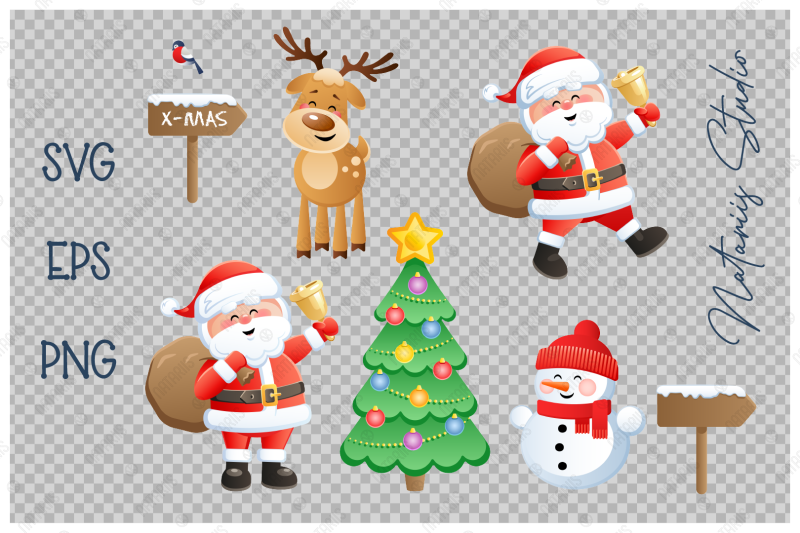 christmas-set-with-funny-santa-deer-and-snowman