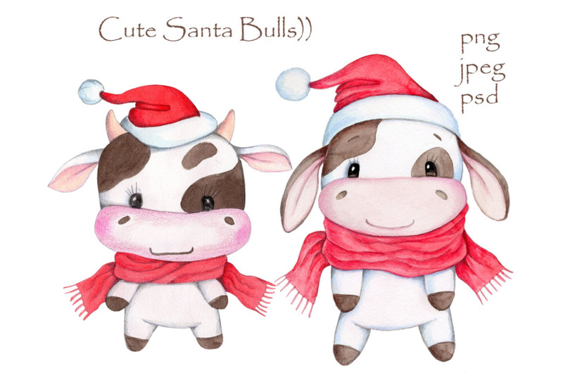 cute-santa-bulls-new-year-illustrations