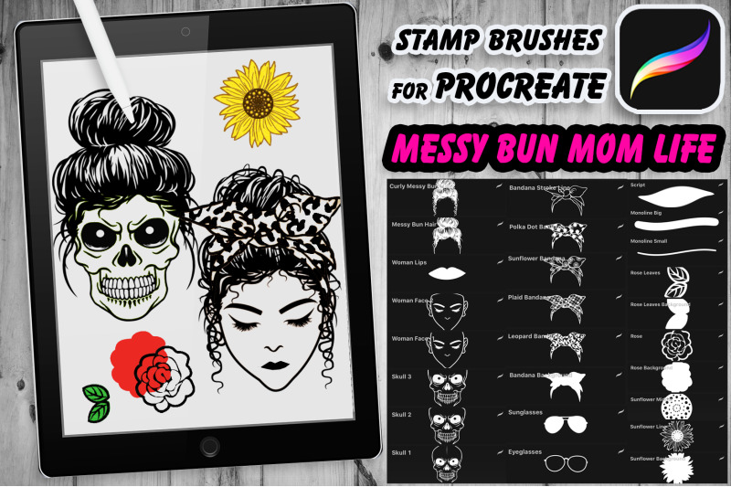 stamp-brushes-for-procreate-messy-bun-mom-life-amp-skull-mom-for-creativ