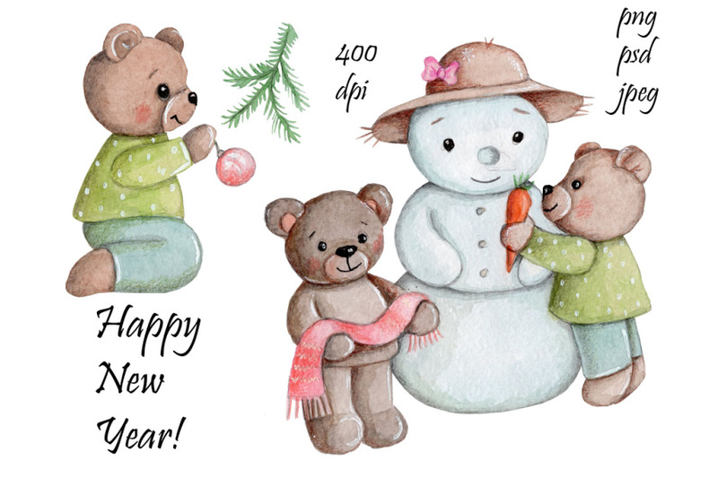 happy-new-year-watercolor-teddy-bears