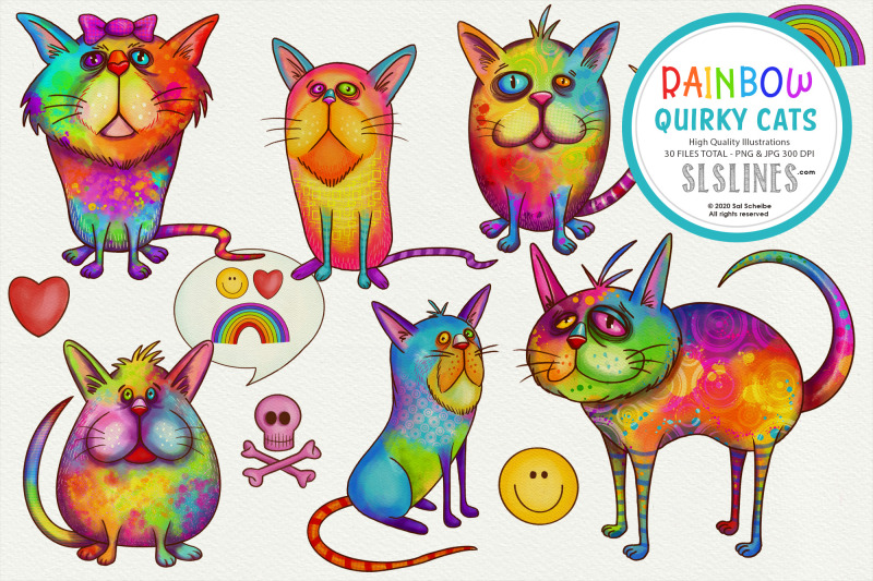 rainbow-quirky-cat-illustrations-png-clipart
