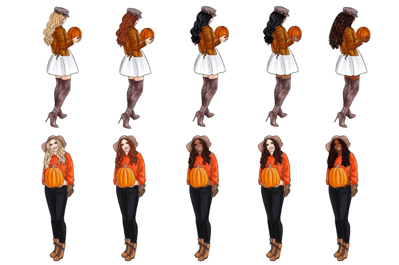 girls-with-pumpkins-fashion-clipart-set