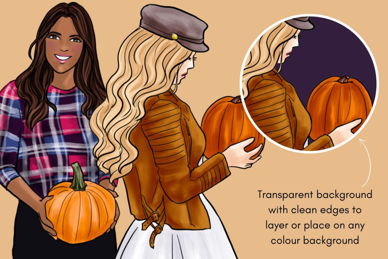 girls-with-pumpkins-fashion-clipart-set