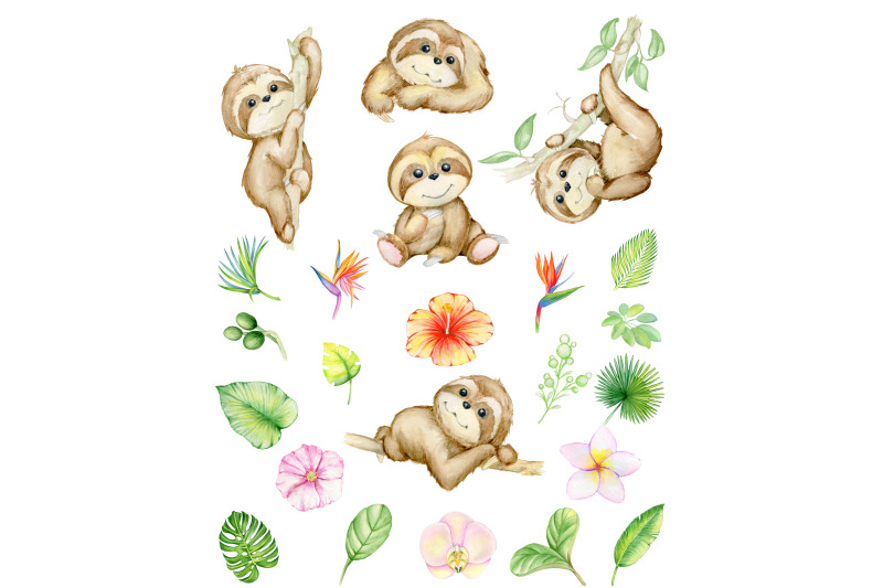 sloth-little-animals-watercolor-clipart-sleepy-sloths-wreath-flora