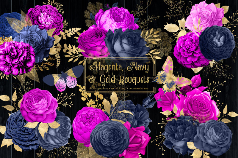 magenta-navy-and-gold-bouquets