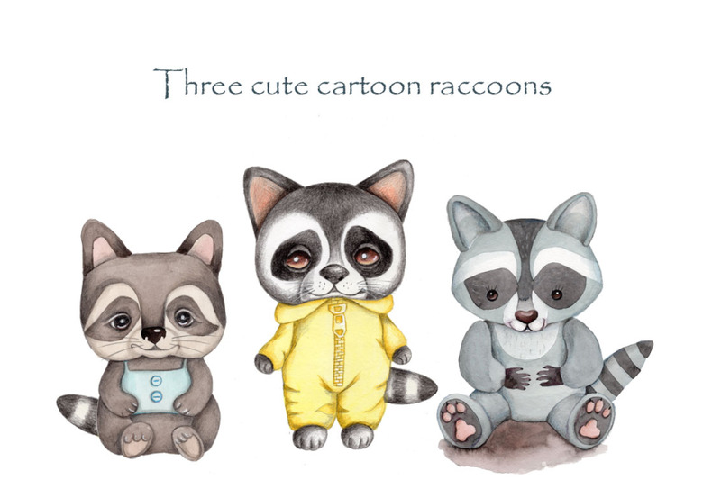 three-cute-cartoon-raccoons-watercolor