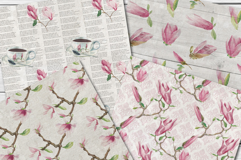 watercolor-shabby-magnolia-seamless-patterns