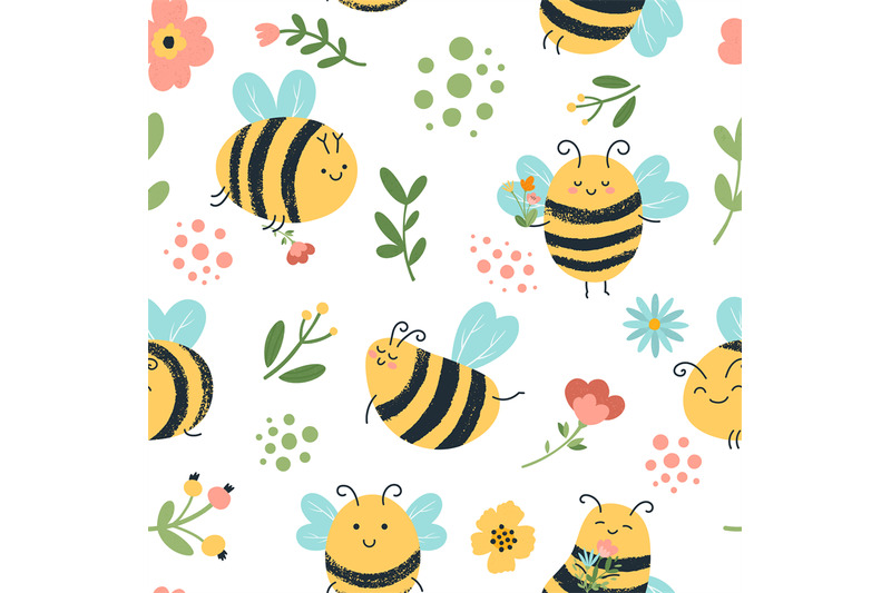 bees-seamless-pattern-cute-hand-drawn-honey-bees-flying-yellow-insec