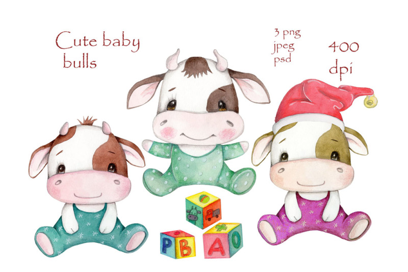 three-cute-baby-bulls-watercolor-illustrations