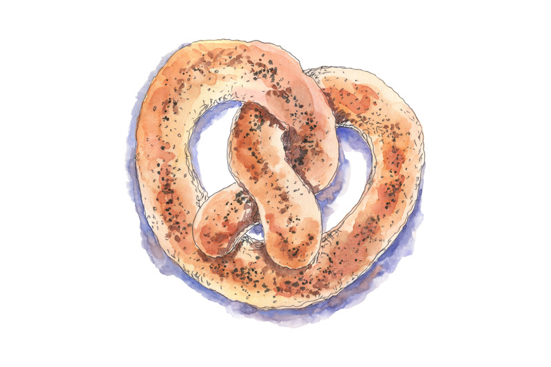 pretzel-bagel-with-poppy-hand-drawn-watercolor-food-illustration