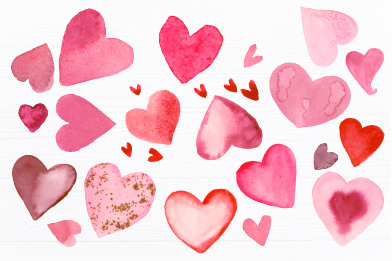 a-dozen-hearts-in-watercolor-in-pink-colors