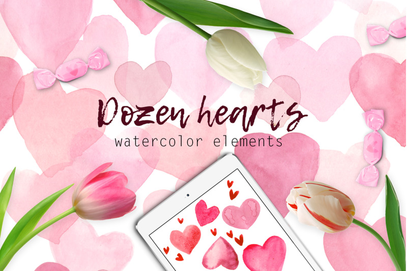 a-dozen-hearts-in-watercolor-in-pink-colors