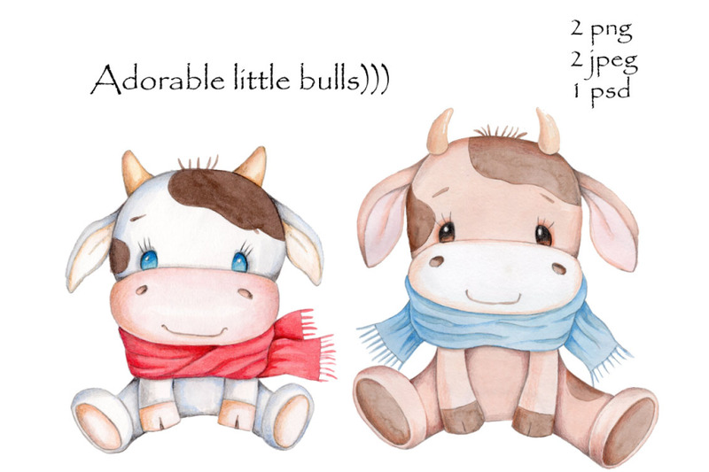 adorable-little-bulls-watercolor-illustration