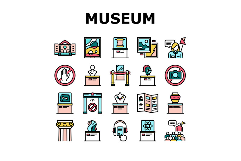 museum-gallery-exhibit-collection-icons-set-vector