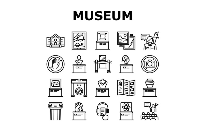 museum-gallery-exhibit-collection-icons-set-vector