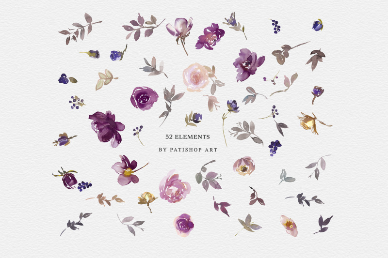 purple-violet-blush-watercolor-floral-clipart-set