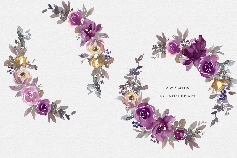 purple-violet-blush-watercolor-floral-clipart-set