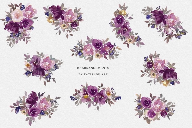 purple-violet-blush-watercolor-floral-clipart-set