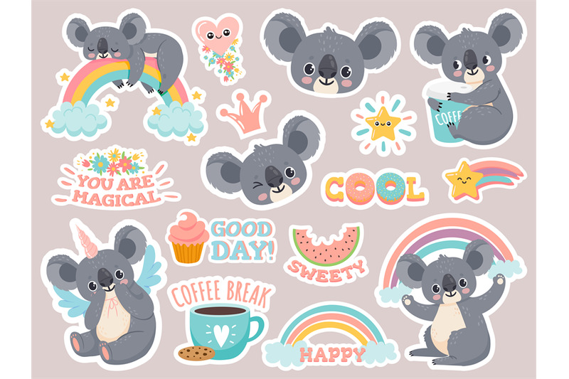 magic-koala-stickers-lazy-australian-koalas-sleeping-on-rainbow-patc