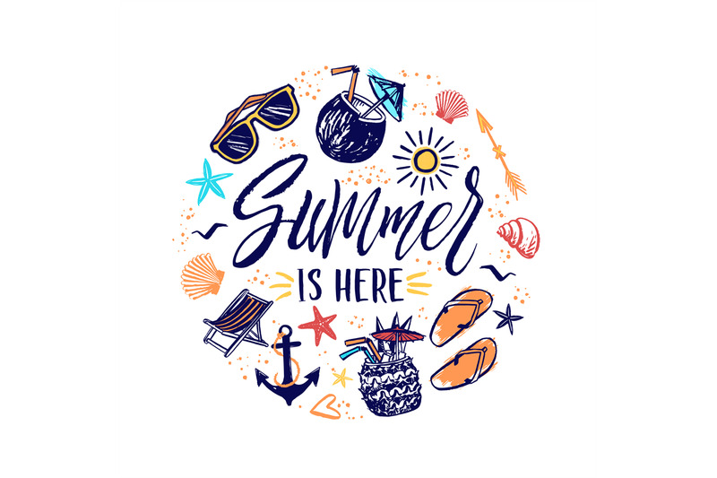 summer-is-here-hand-drawn-banner-with-sun-sunglasses-cocktails