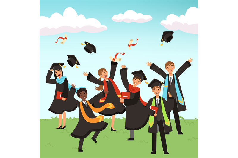 happy-international-graduates-with-diplomas-and-graduation-hats-vector