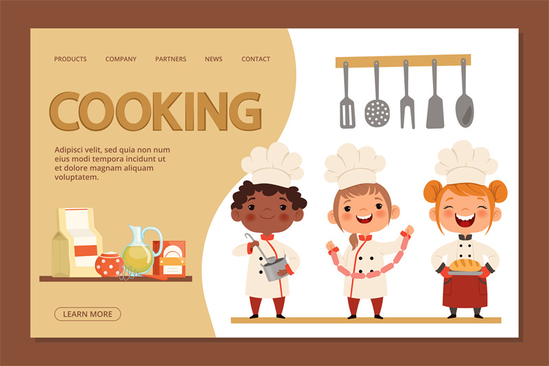 cute-kids-chefs-cooking-landing-page-banner-template-with-cartoon-ch