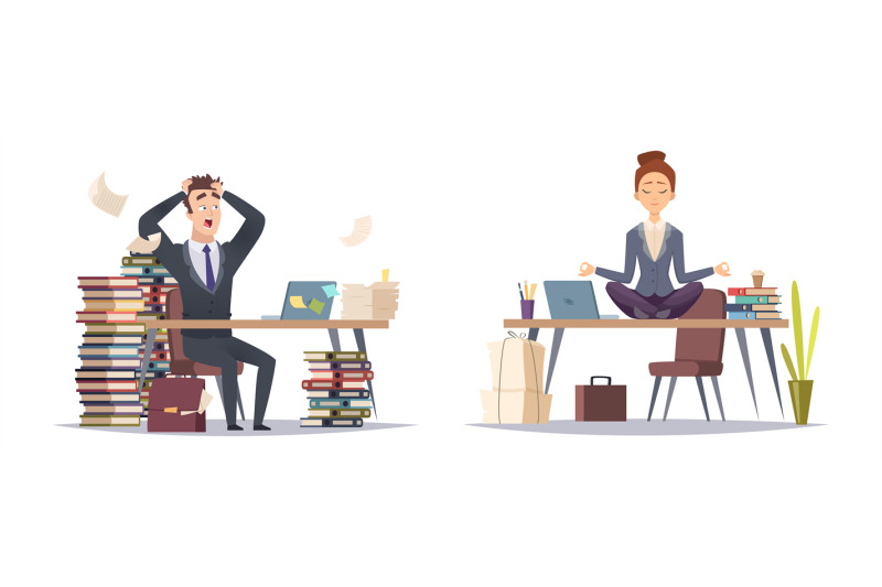 deadline-panicked-businessman-and-organized-business-woman-two-type-o