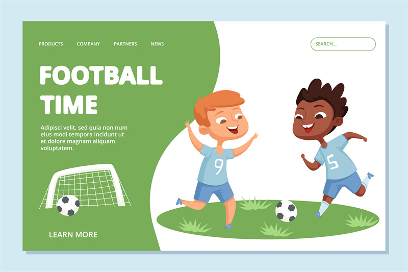 football-landing-page-template-sport-team-kids-vector-character