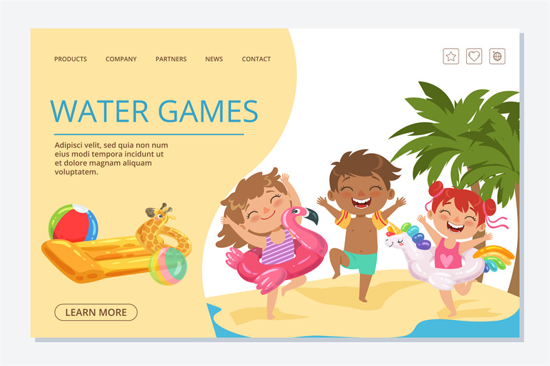 kids-water-games-vector-landing-page-template-happy-summer-kids-chara