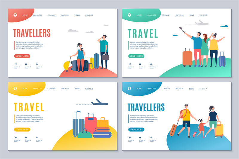 travellers-and-travel-landing-page-vector-templates-with-adults-and-ki